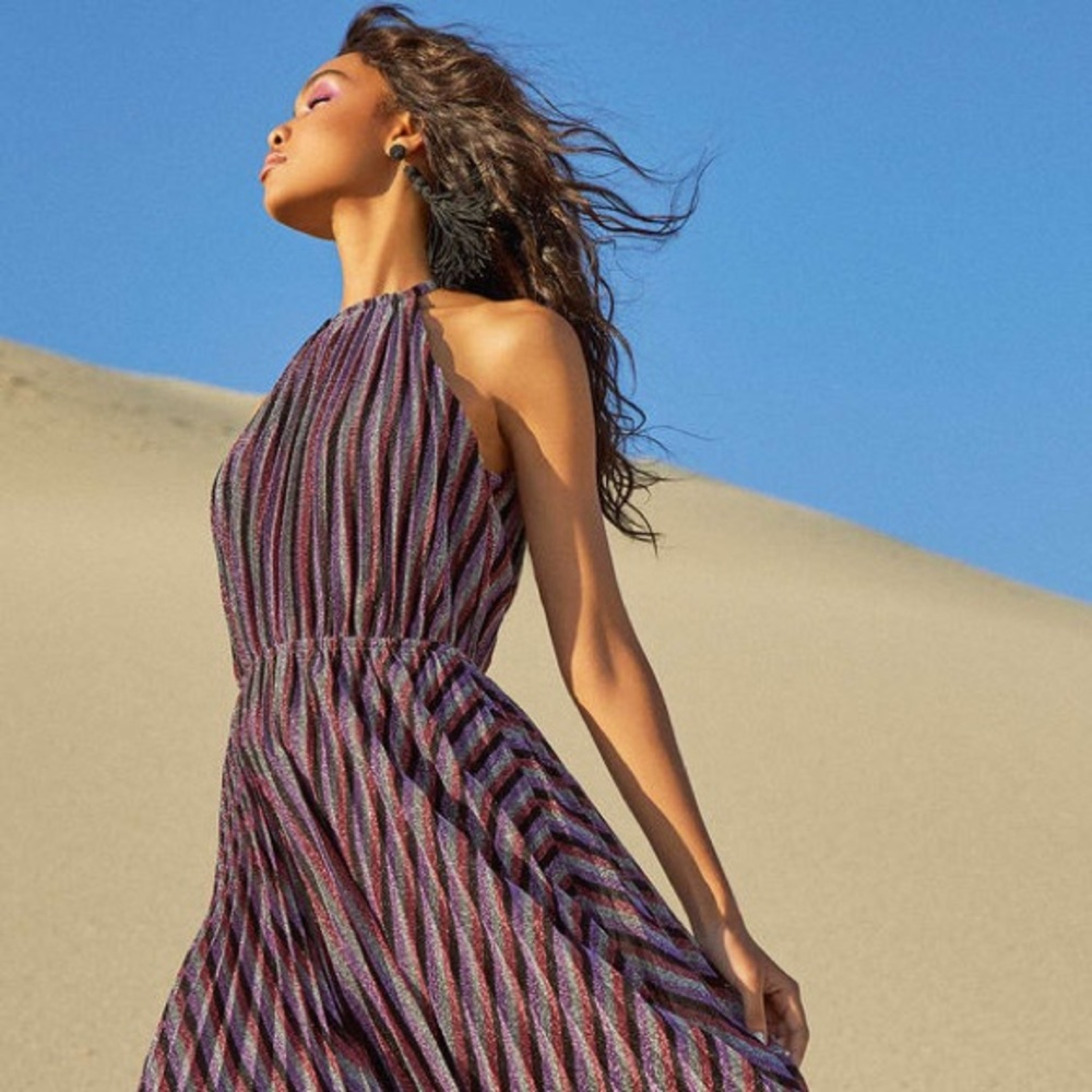Sparkly Multi-Striped Pleated Halter Midi
